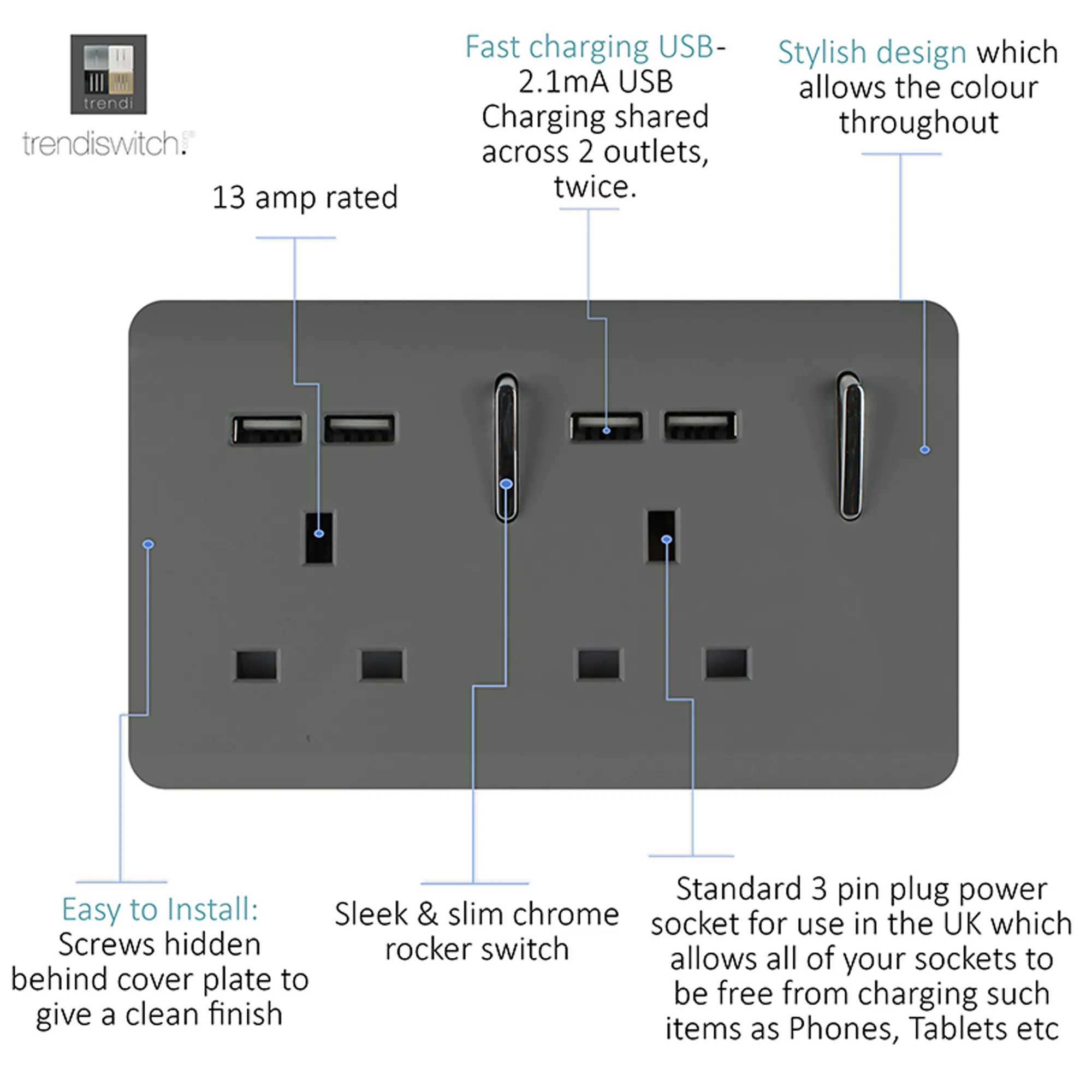 2 Gang 13Amp Switched Double Socket With 4X 2.1Mah USB Charcoal ART-SKT213USBCH  Trendi Charcoal